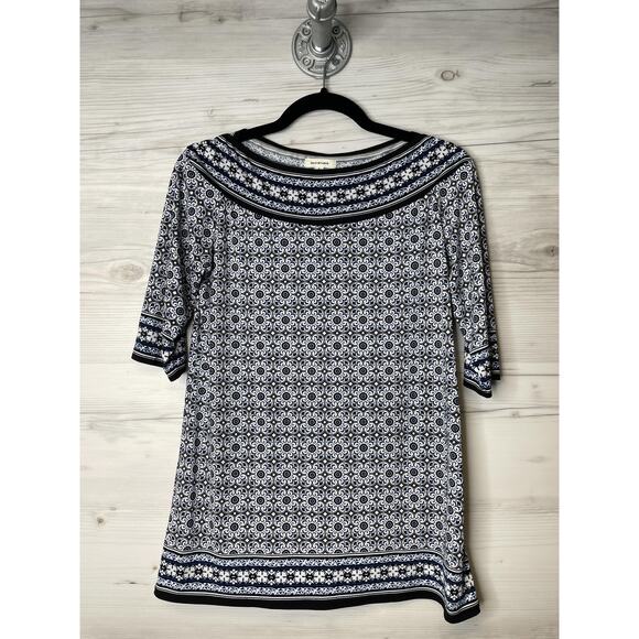 Max Studio Shirt Womens Small Blue White Boho Print Stretch Pullover 3/4 Sleeve - Picture 1 of 9